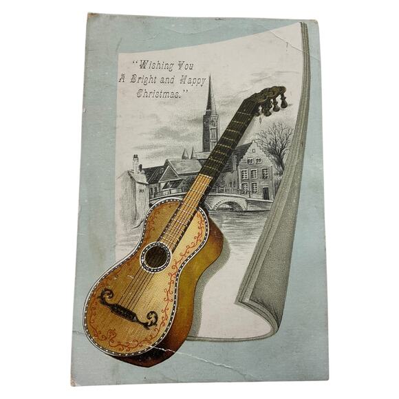 Antique Embossed Christmas Greeting Guitar and Village Scene Bright and Happy - Picture 3 of 4